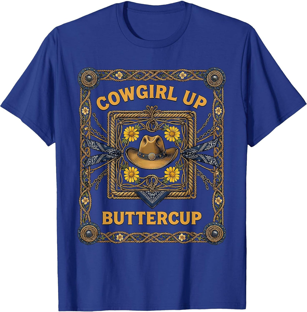 Cowgirl Up Buttercup Denim Western Design T-Shirt - Royal Blue
