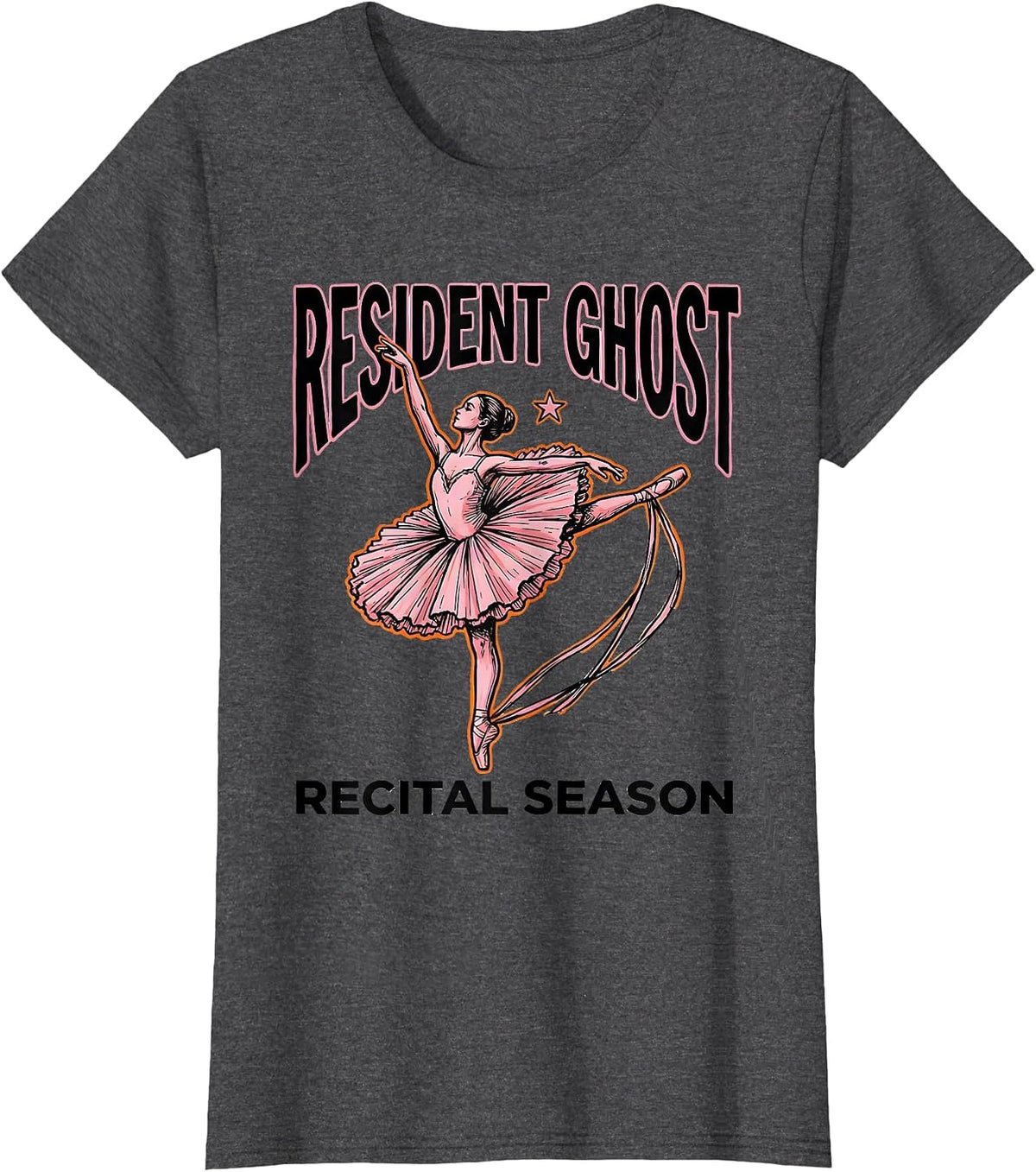 Women's Resident Ghost Recital Season Cute Ghost Ballerina Halloween T-Shirt - Dark Heather Grey