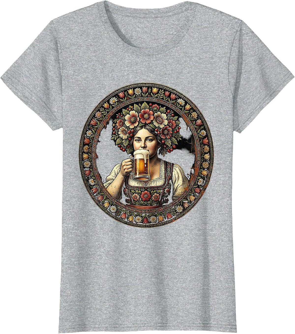 Women's Oktoberfest Floral Crown Beer Sipping Illustration T-Shirt - Heather Grey
