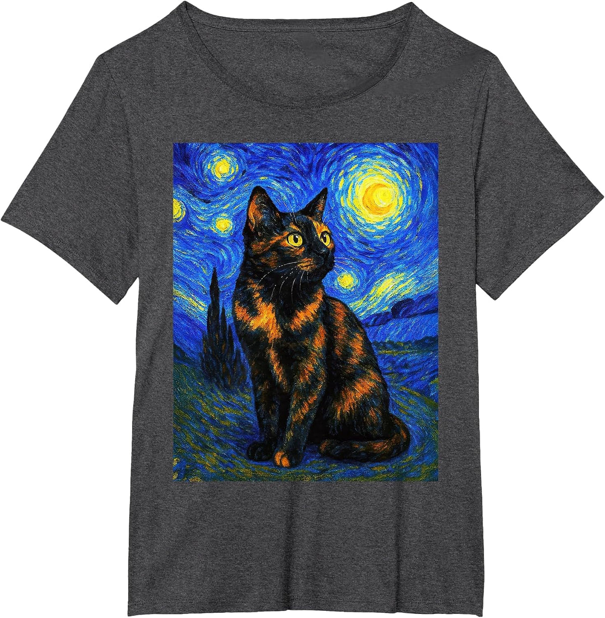 Tortoiseshell Cat Starry Night Van Gogh T-Shirt - Dark Heather Grey