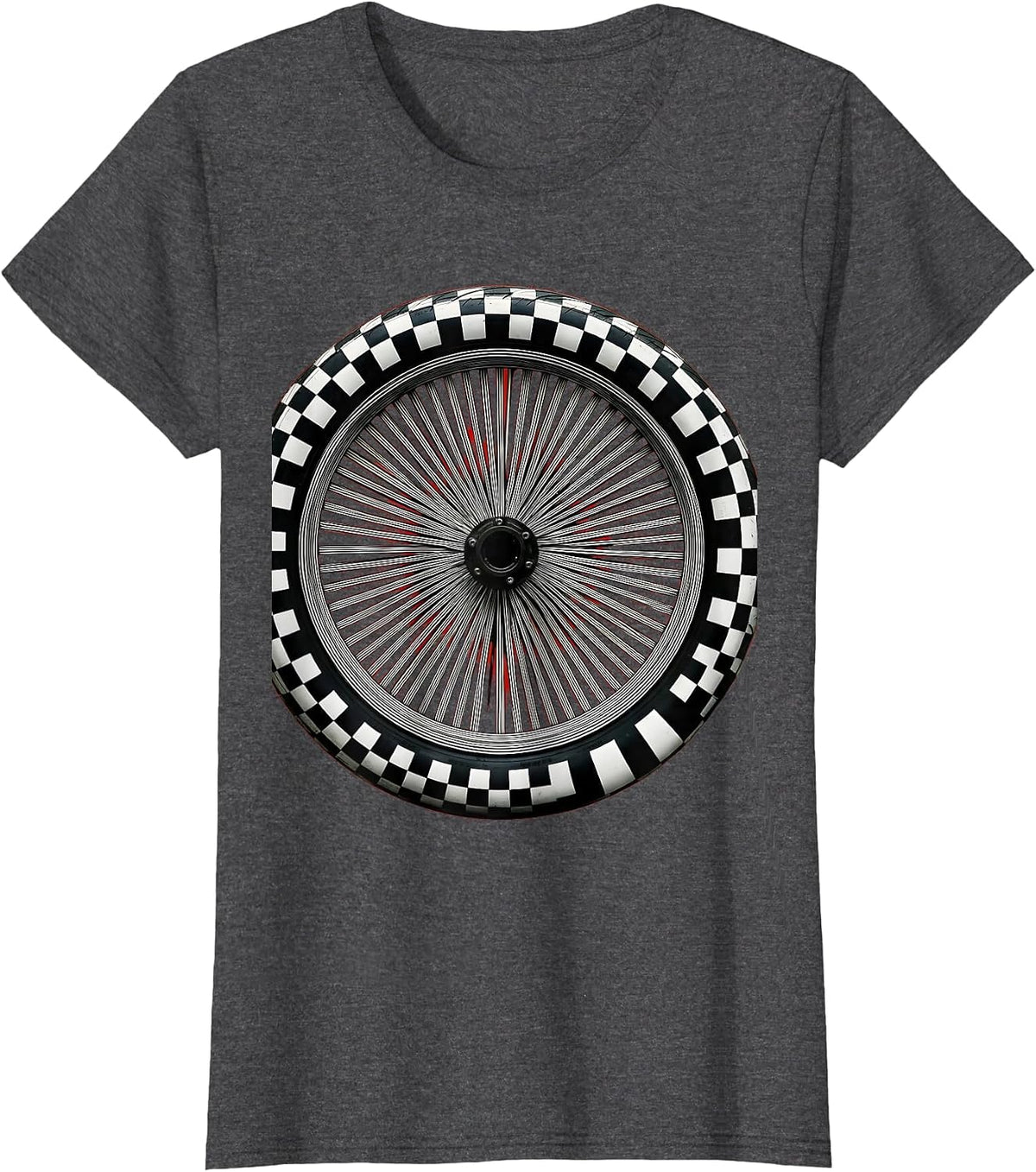 Women's Motorcycle Wheel Checkered Tire Tread Graphic T-Shirt - Dark Heather Grey