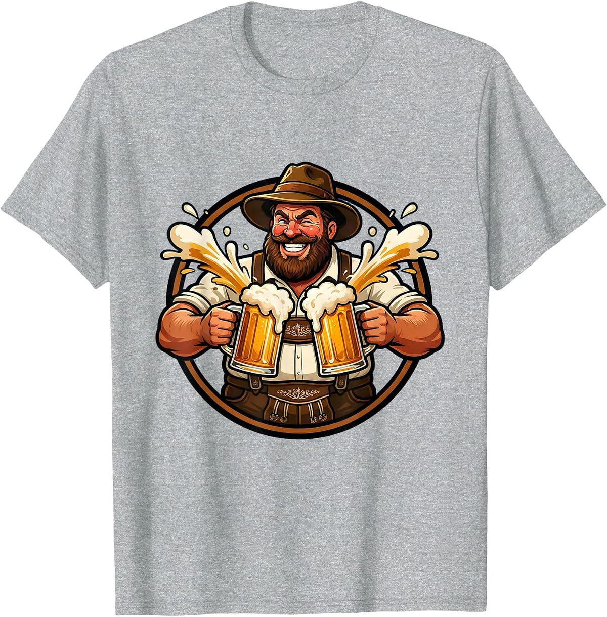 Men's Oktoberfest Bearded Lederhosen Beer Stein Clinking T-Shirt - Heather Grey