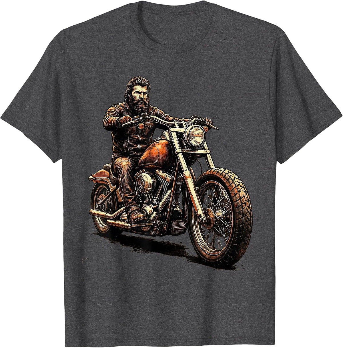 Men's Vintage Bearded Biker Chopper Motorcycle Graphic T-Shirt - Dark Heather Grey