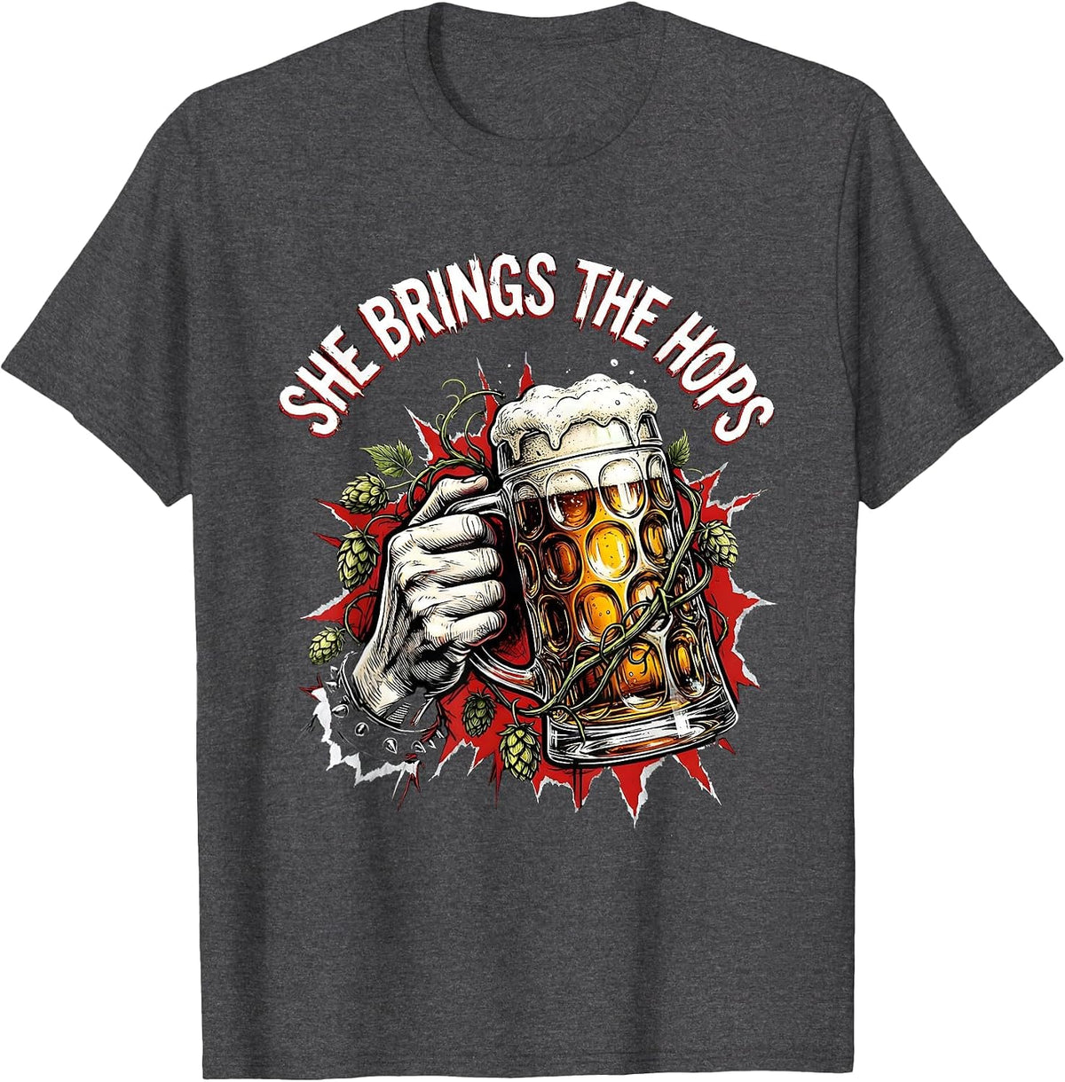 She Brings the Hops Oktoberfest Design T-Shirt - Dark Heather Grey