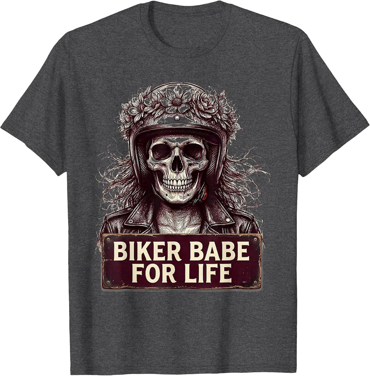 Biker Babe For Life Bold Motorcycle Design T-Shirt - Dark Heather Grey