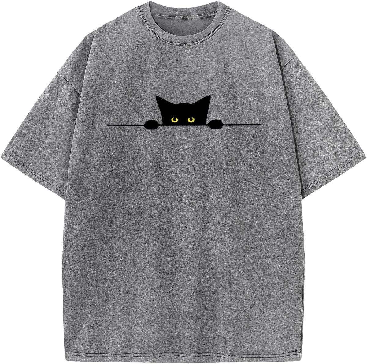 Ultra-Soft Unisex Cotton T-Shirt Playful Black Cat Peeking Graphic Garment Washed Premium Tee with Fashion Fit - Grey