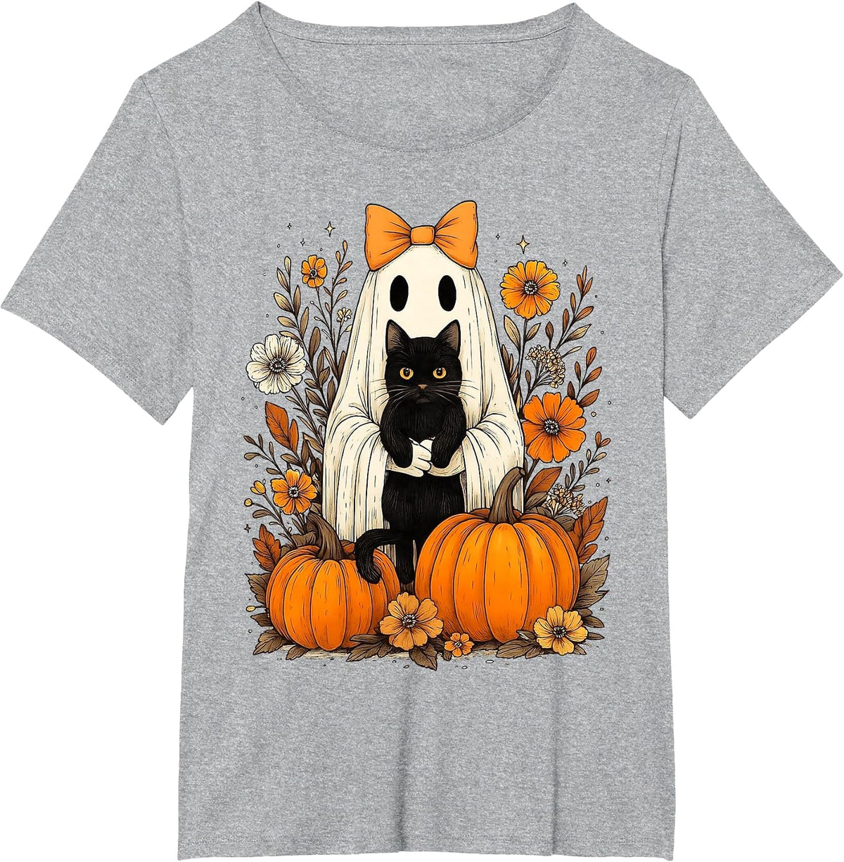 Vintage Halloween Ghost Holding Black Cat Groovy Floral T-Shirt - Heather Grey