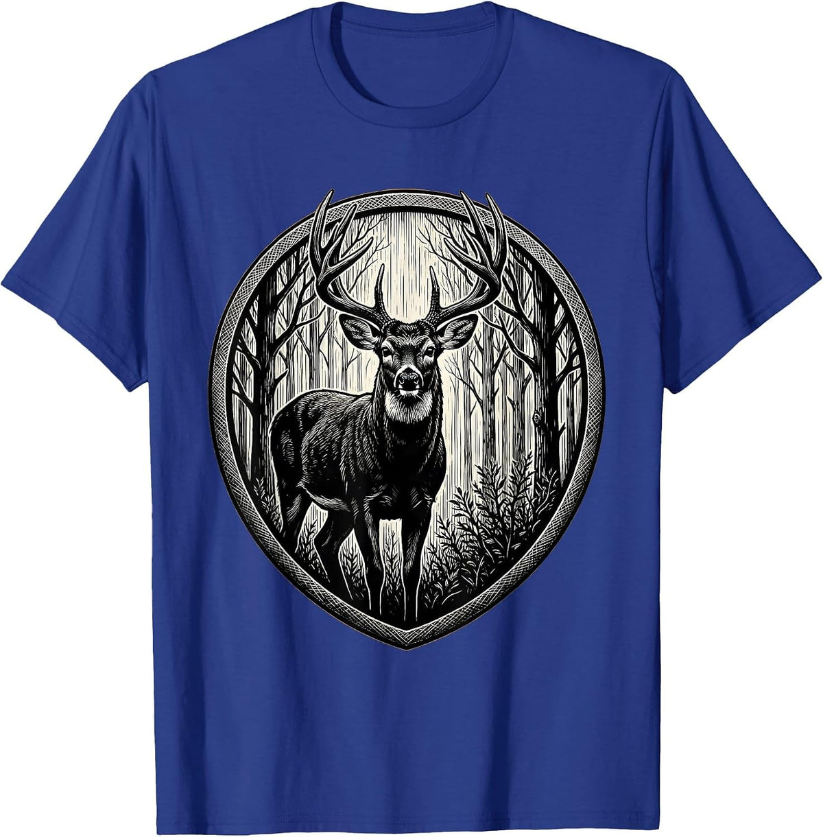 Whitetail Buck Autumn Tree Line Illustration T-Shirt - Royal Blue