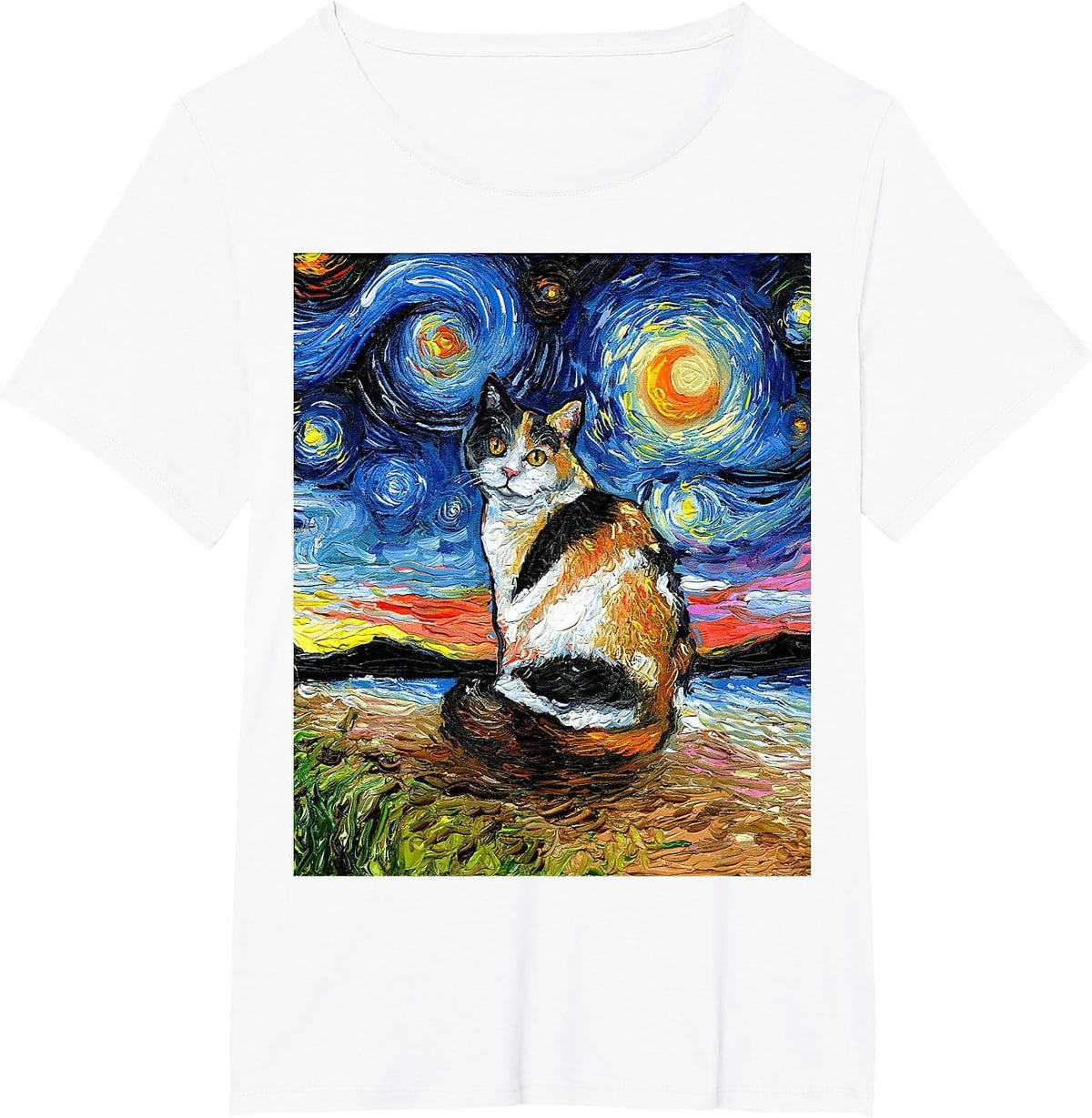 Calico Cat Starry Night Kitty and Moon Celestial Artwork T-Shirt - White