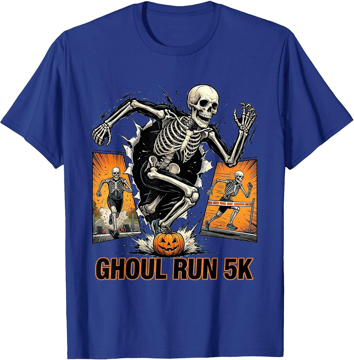 Men's Ghoul Run 5K Comic Book Skeleton Runner Halloween Fun Run T-Shirt - Royal Blue
