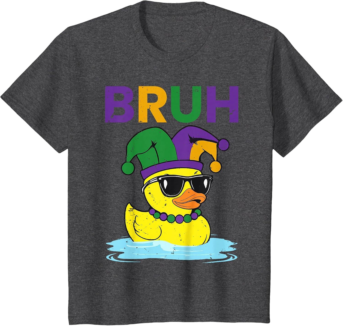 Bruh Funny Duck Mardi Gras Rubber Duck with Jester Hat T-Shirt - Dark Heather Grey