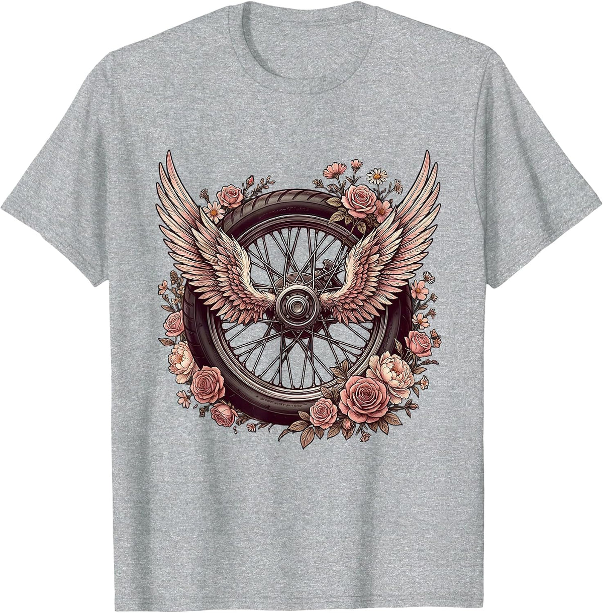 Men's Winged Motorcycle Wheel Floral Biker Design T-Shirt - Heather Grey