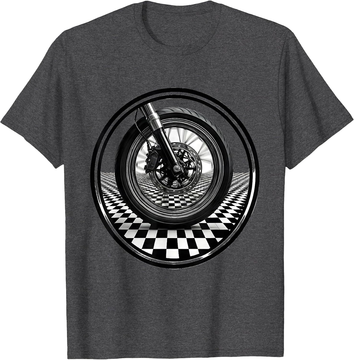 Men's Motorcycle Wheel Black White Checkered Graphic T-Shirt - Dark Heather Grey
