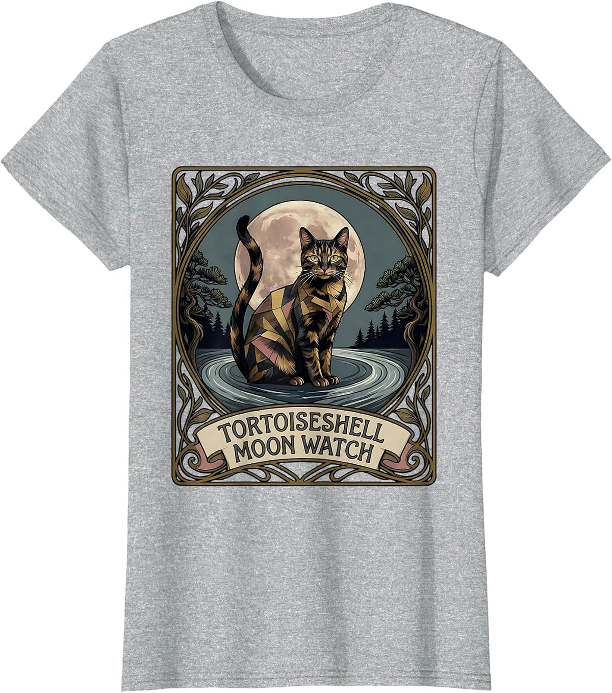 Tortoiseshell Moon Watch Art Nouveau 90s Retro Cat Lover T-Shirt - Heather Grey