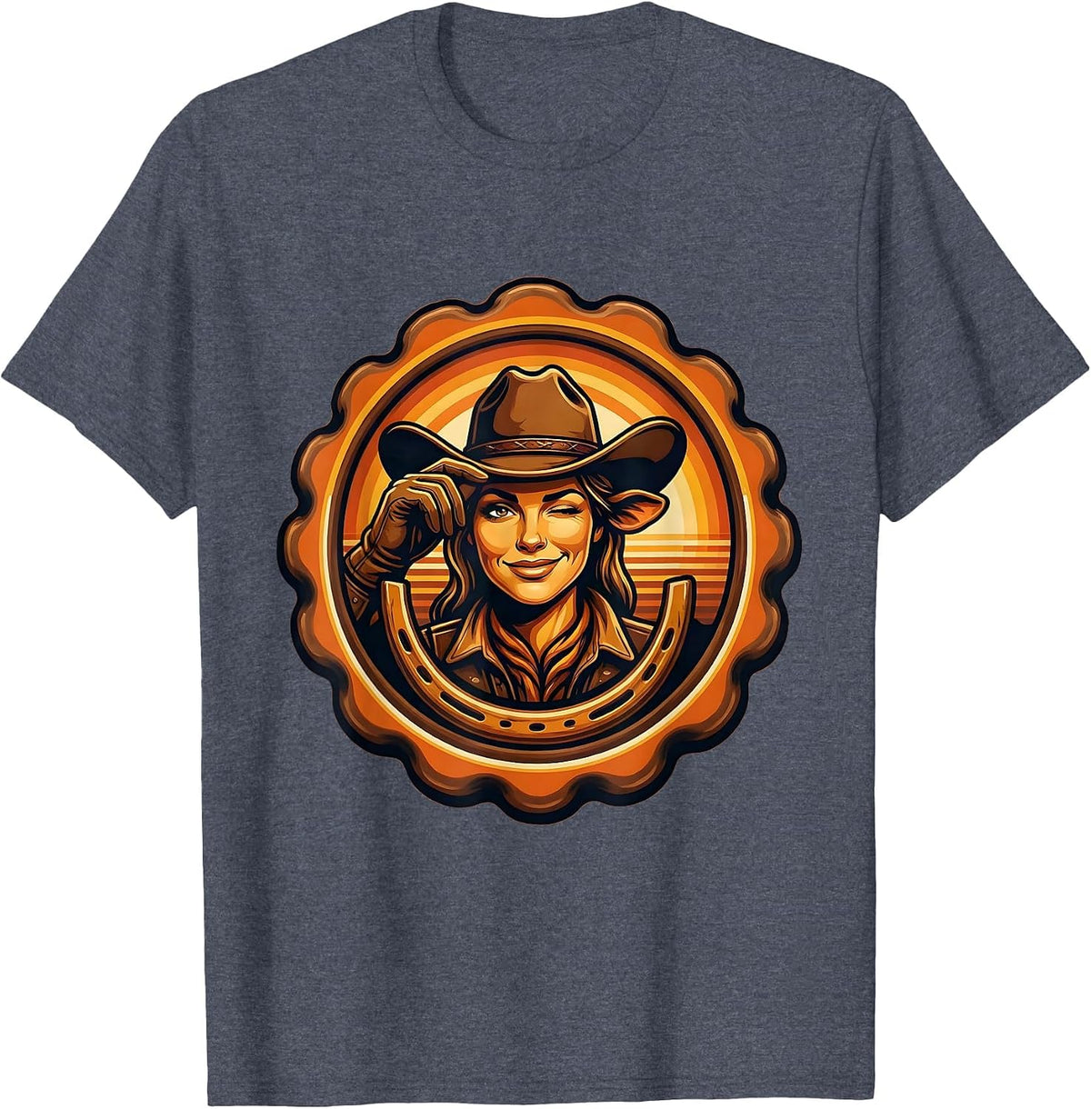 Cowgirl Tipping Hat Winking Western Graphic T-Shirt - Heather Blue