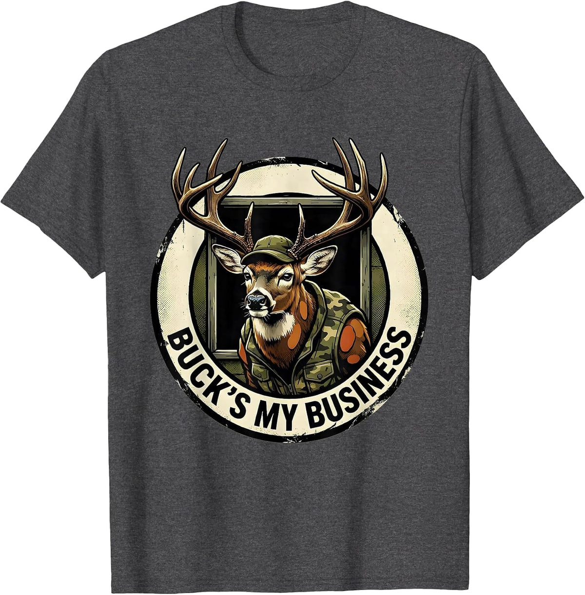 Buck's My Business Distressed Deer Hunting Camo Gift T-Shirt - Dark Heather Grey