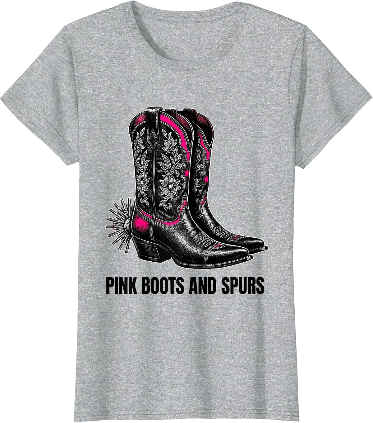 Women's Pink Boots and Spurs Western Cowgirl Design T-Shirt - Heather Grey