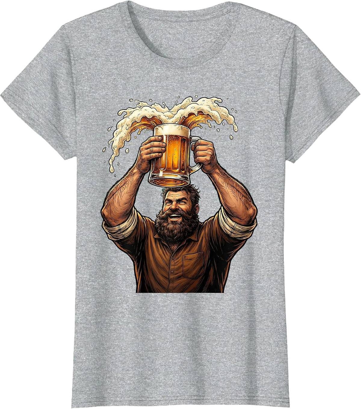 Bearded Beer Lover Raising Frothy Mug Graphic T-Shirt - Heather Grey
