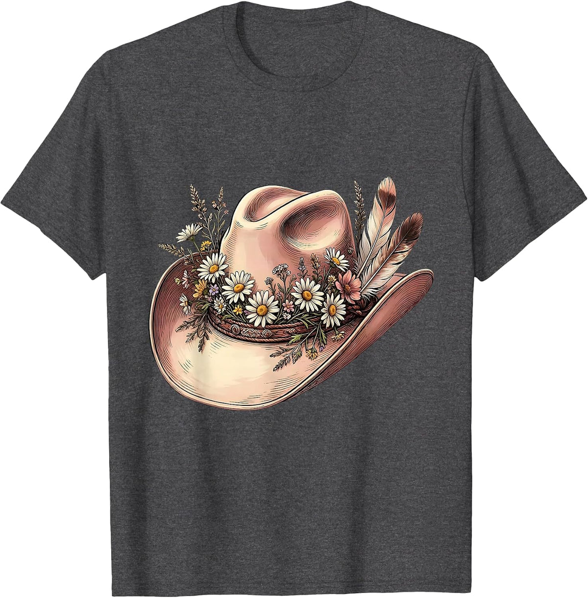 Men's Wildflower Cowgirl Hat Western Graphic Design T-Shirt - Dark Heather Grey