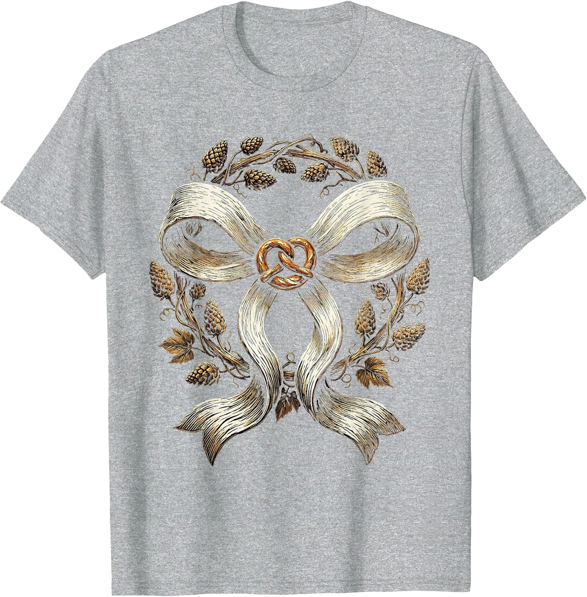 Men's Dirndl Apron Bow Pretzel and Hops Graphic T-Shirt - Heather Grey