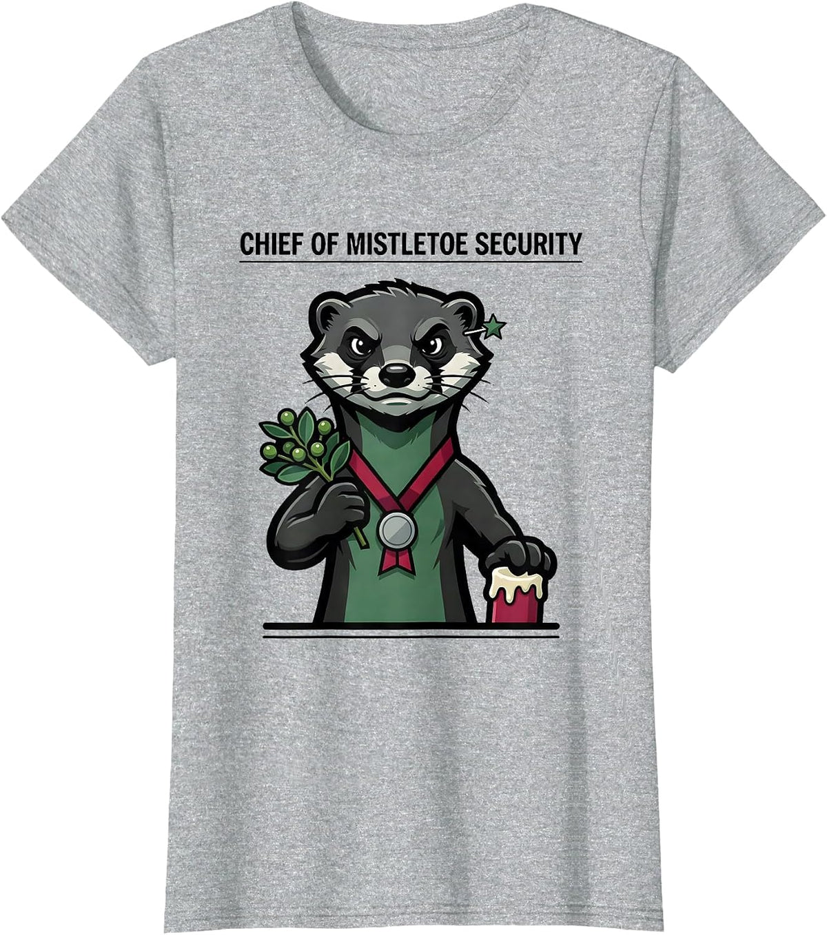 Chief Of Mistletoe Security Funny Ferret Owner Christmas T-Shirt - Heather Grey