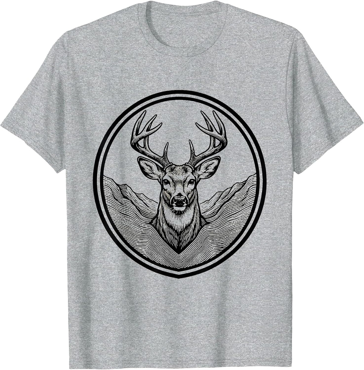 Men's Shield Buck Antlers Line Art Hunting Dad Gift T-Shirt - Heather Grey