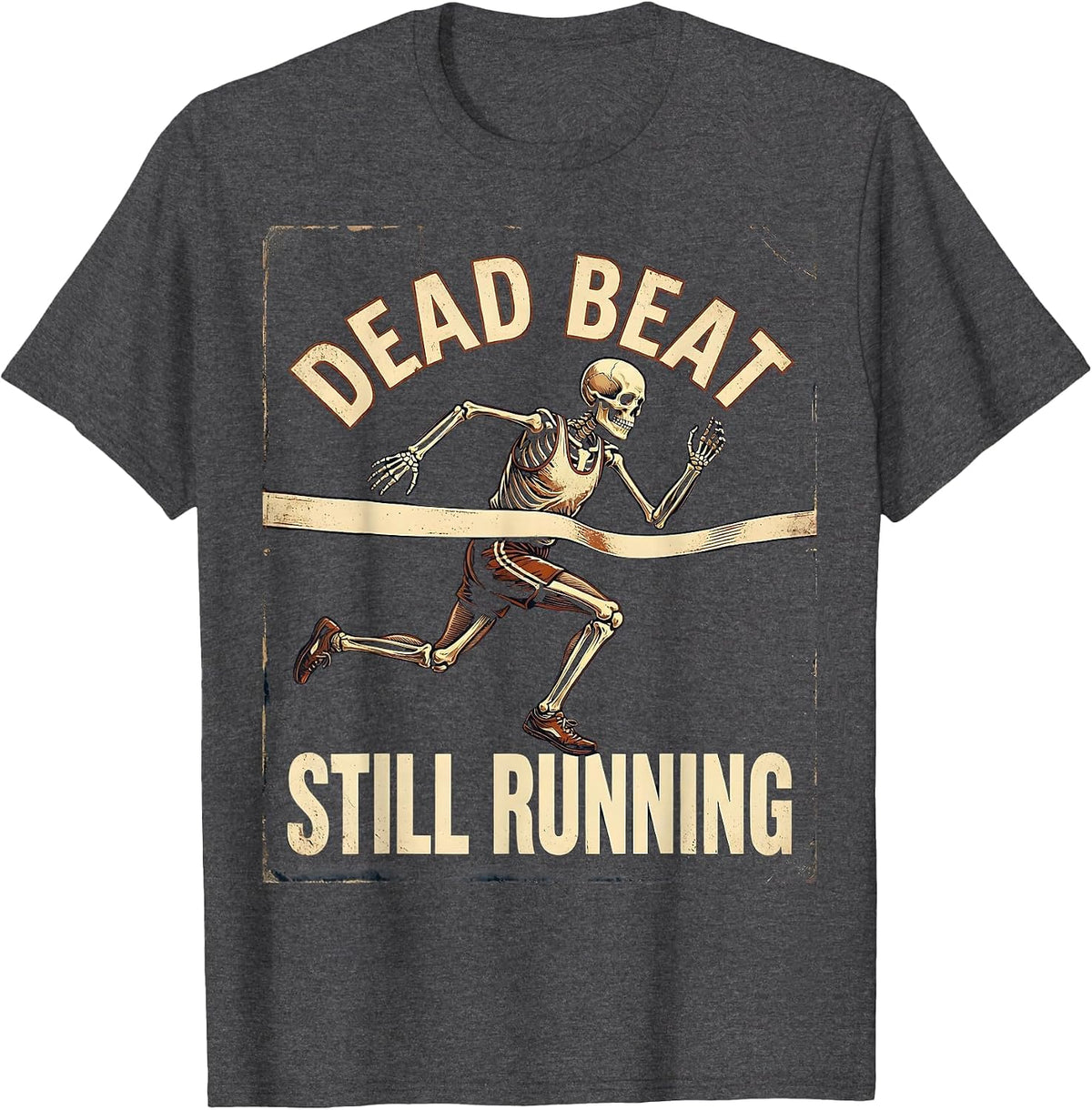 Men's Dead Beat Still Running Vintage Skeleton Halloween Runner T-Shirt - Dark Heather Grey