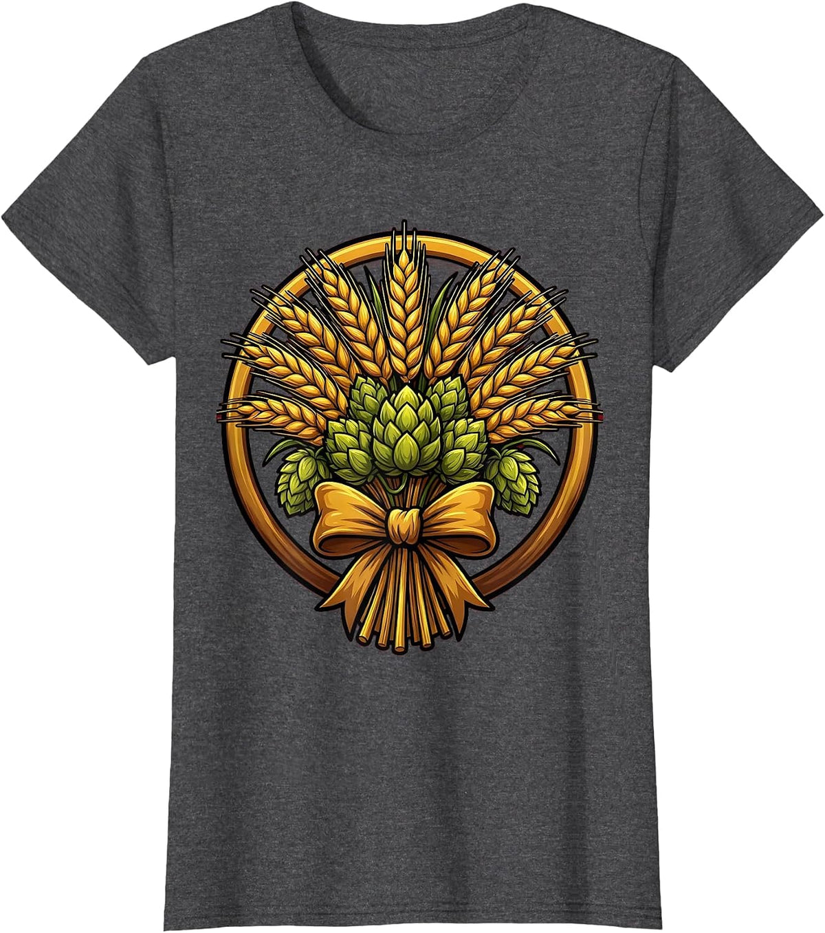 Women's Wheat Sheaf and Hops Prost Harvest Illustration T-Shirt - Dark Heather Grey