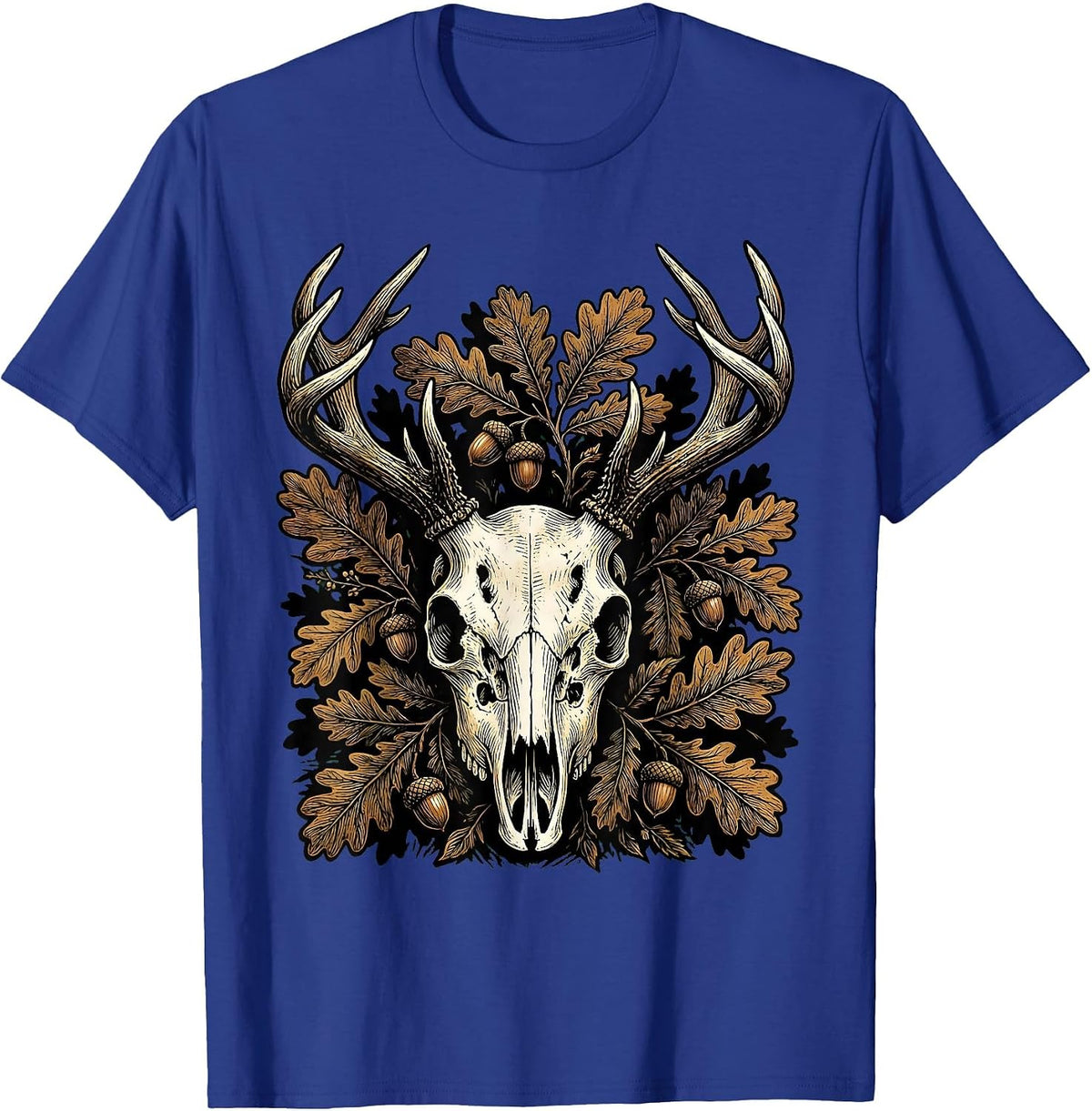 Camo Deer Skull Antlers Foliage Graphic Design T-Shirt - Royal Blue