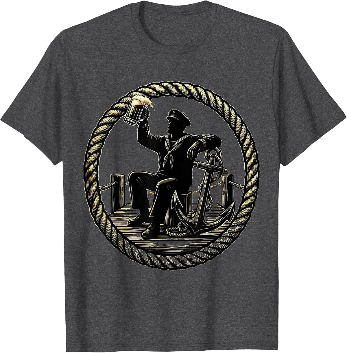 Sailor Anchor Tattoo Beer Drinking on the Dock T-Shirt - Dark Heather Grey