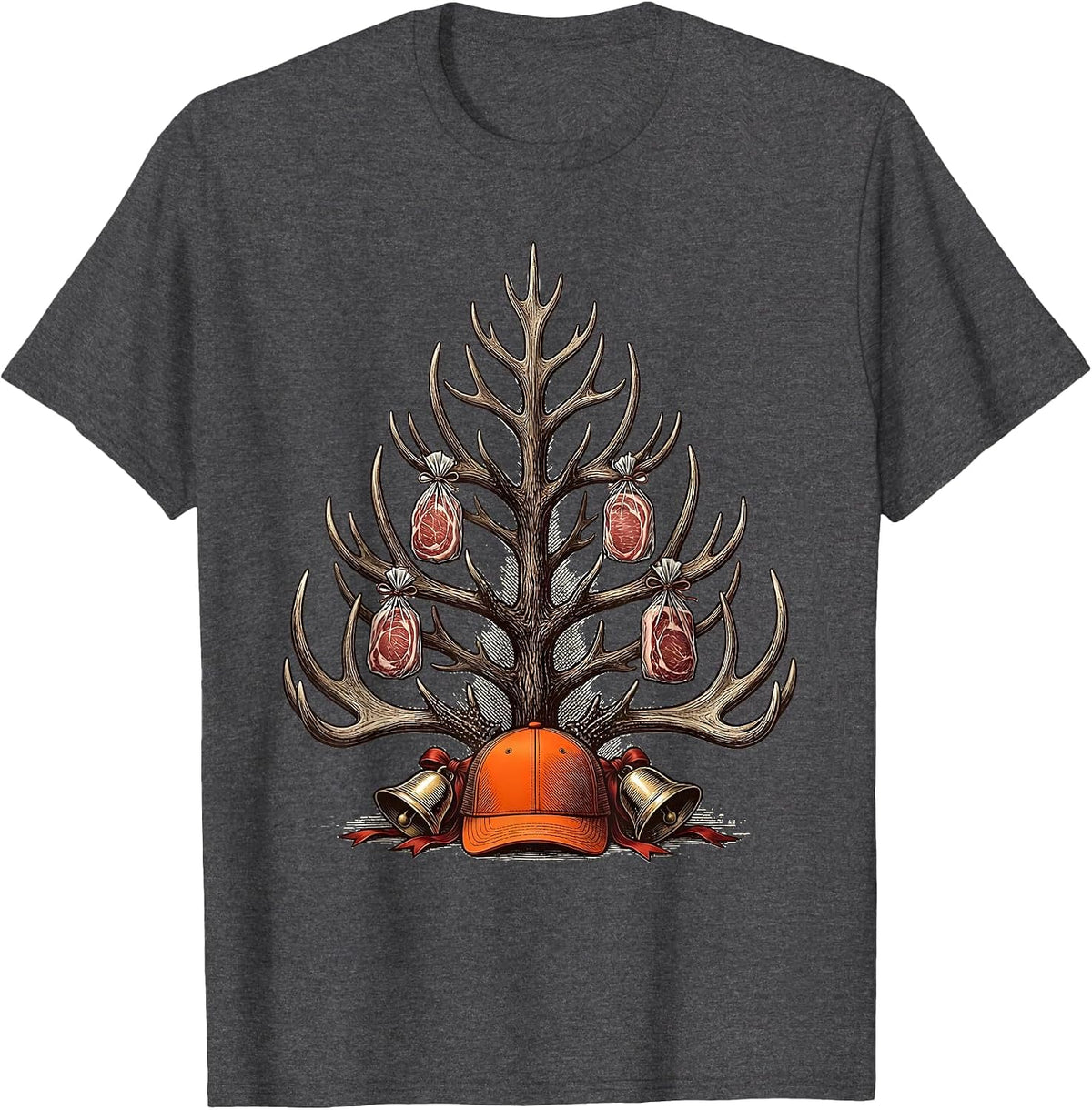 Antler Rack Christmas Tree Hunter Humor Gift T-Shirt - Dark Heather Grey