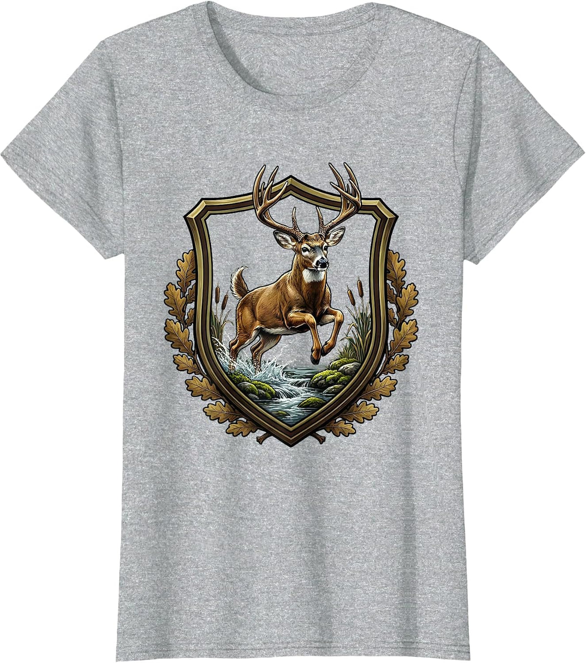 Women's Whitetail Buck Leaping Over Mossy Creek Camo T-Shirt - Heather Grey