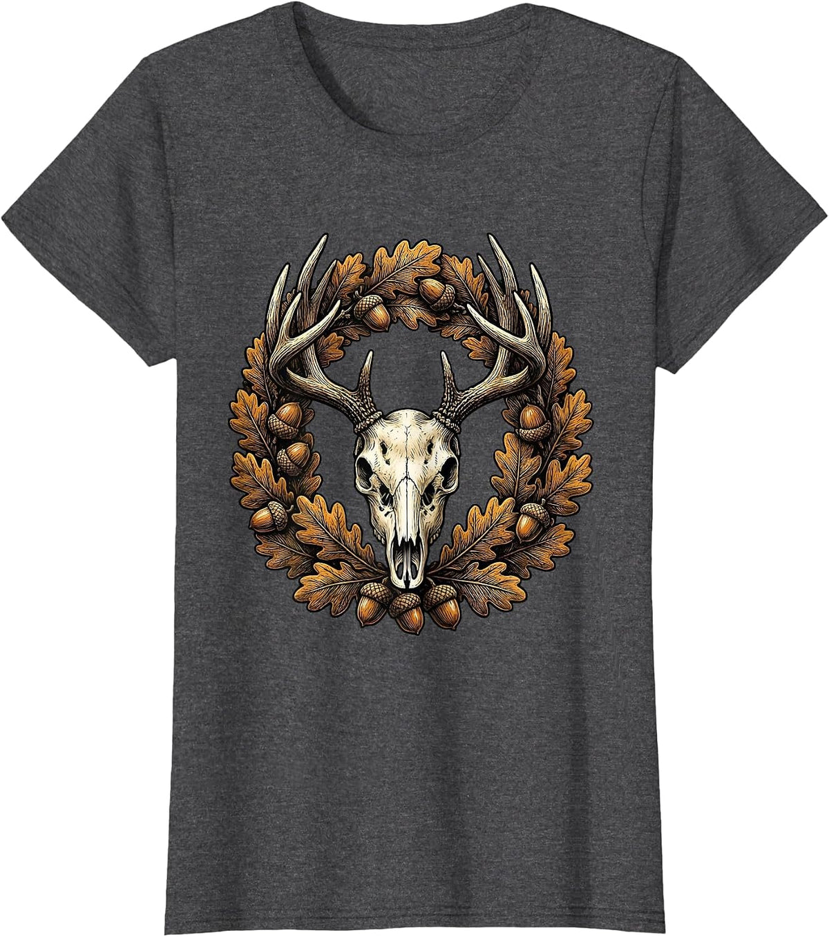 Women's Whitetail Deer Antlers Autumn Leaves Camo Design T-Shirt - Dark Heather Grey