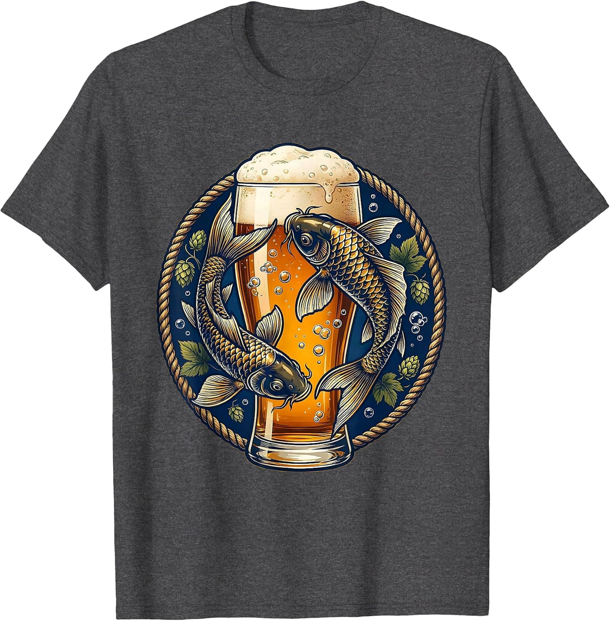 Koi Fish Beer Glass Graphic Tee T-Shirt - Dark Heather Grey