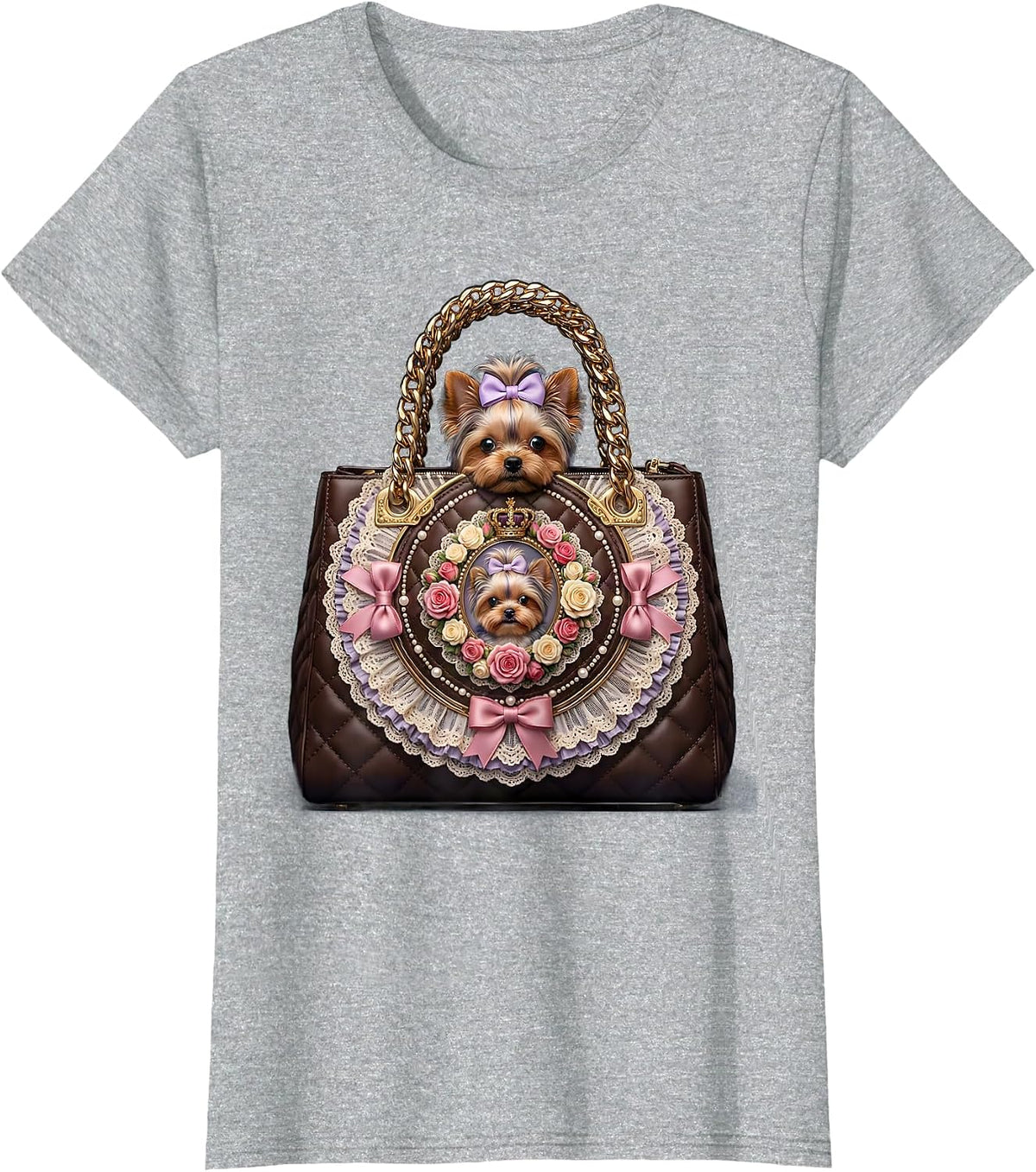 Tiny Dog in Oversized Designer Purse Graphic T-Shirt - Heather Grey