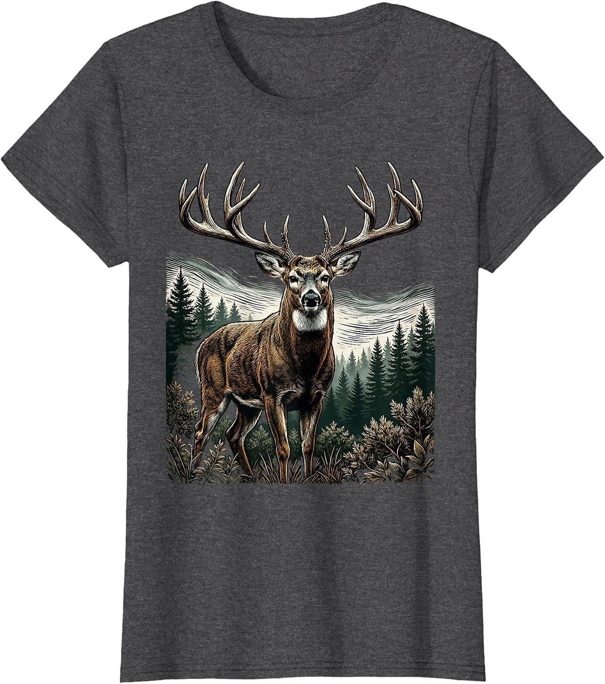 Women's Whitetail Buck Misty Woods Camo Deer Illustration T-Shirt - Dark Heather Grey