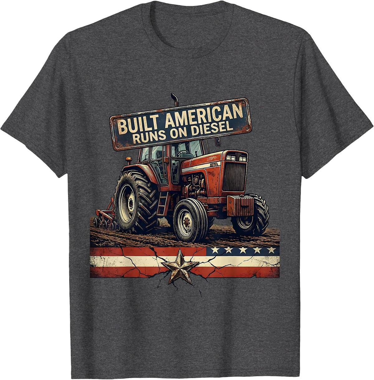 Men's Built American, Runs On Diesel Distressed Farmer Tractor T-Shirt - Dark Heather Grey
