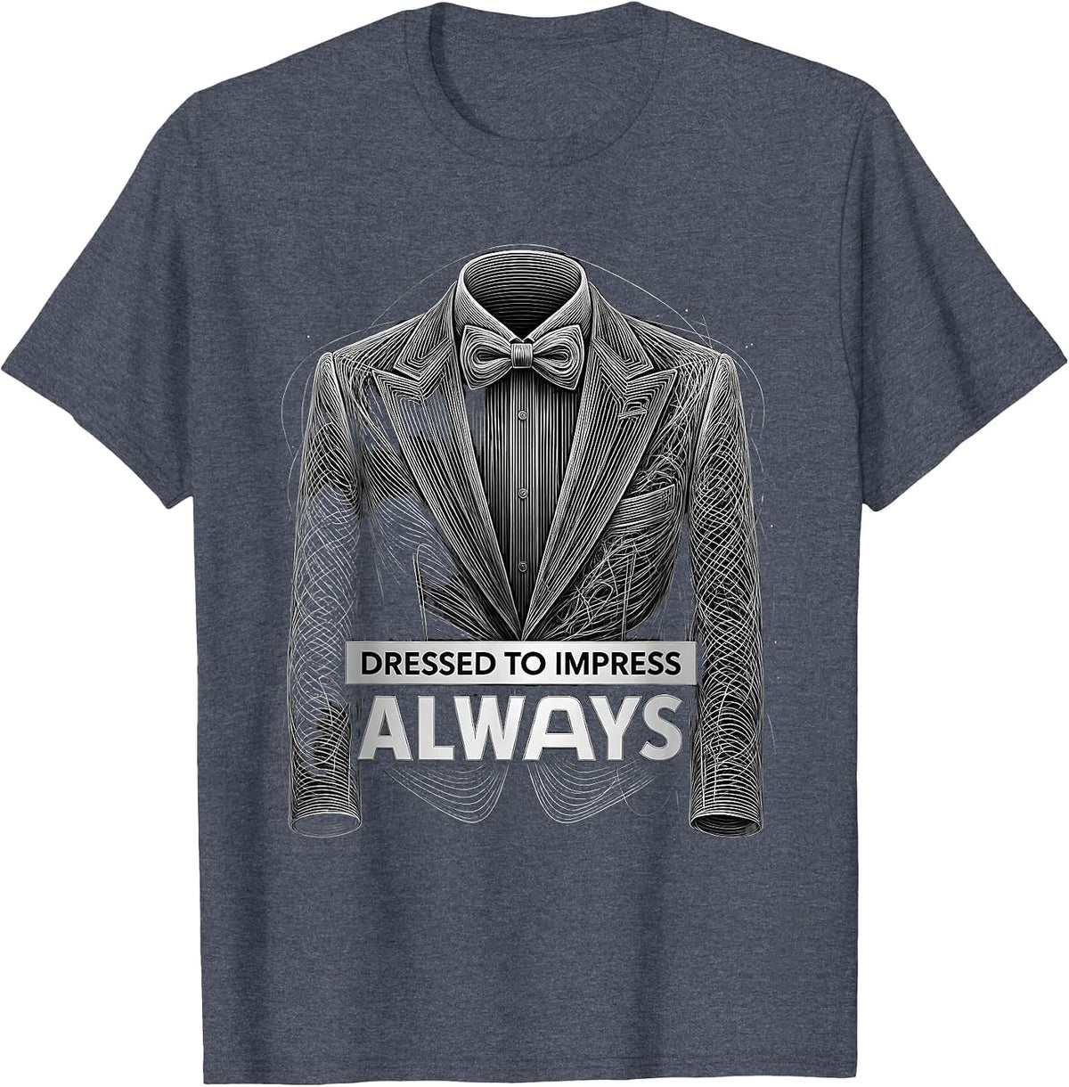 Dressed to Impress Always Tuxedo Graphic Design T-Shirt - Heather Blue