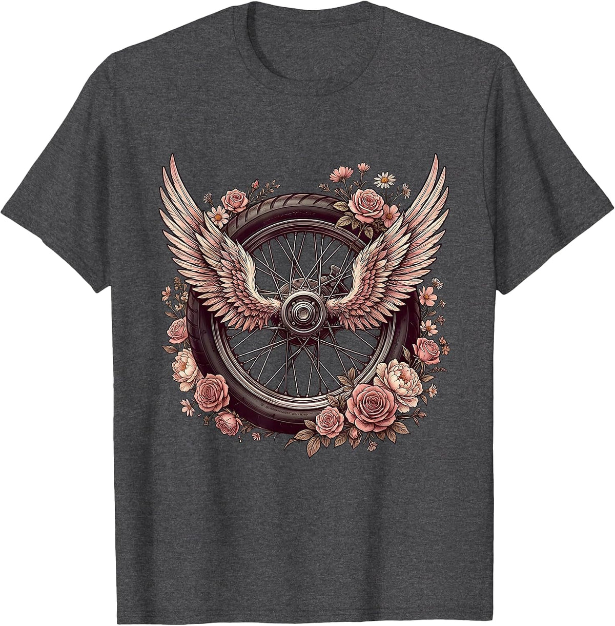 Men's Winged Motorcycle Wheel Floral Biker Design T-Shirt - Dark Heather Grey