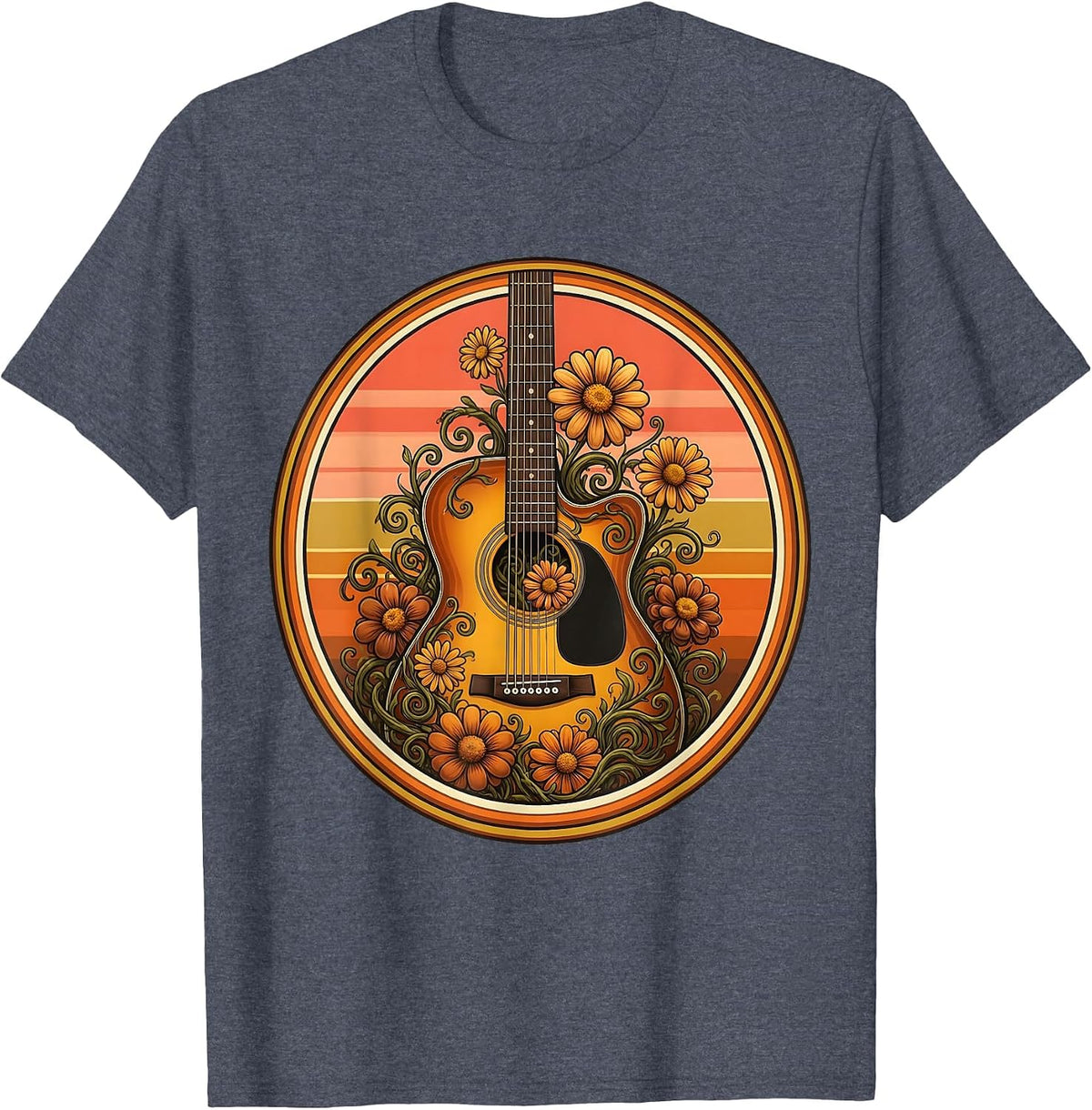 Acoustic Guitar Floral Vine Bloom Illustration T-Shirt - Heather Blue