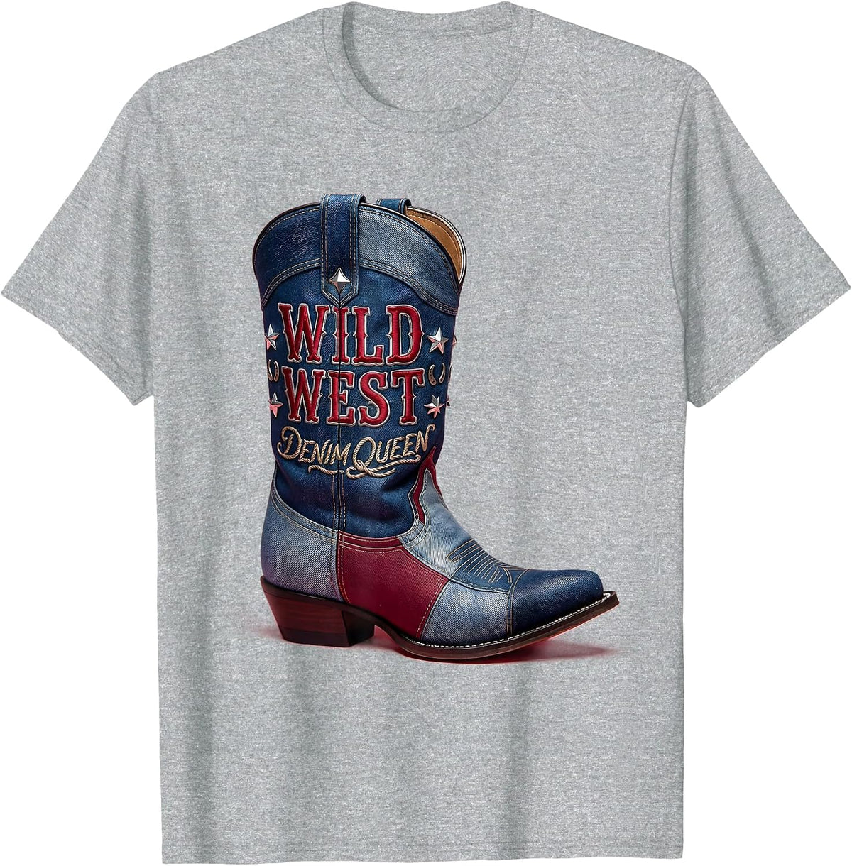 Men's Wild West Denim Queen Cowgirl Design T-Shirt - Heather Grey