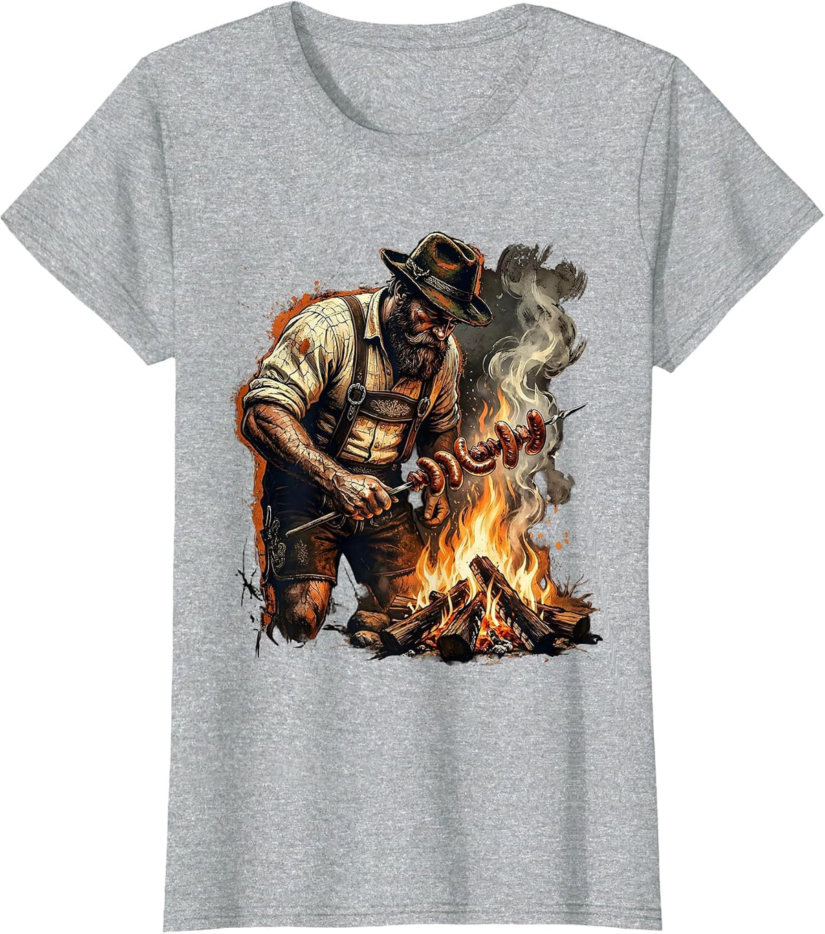Oktoberfest Bearded Grillmaster Campfire Sausage T-Shirt - Heather Grey