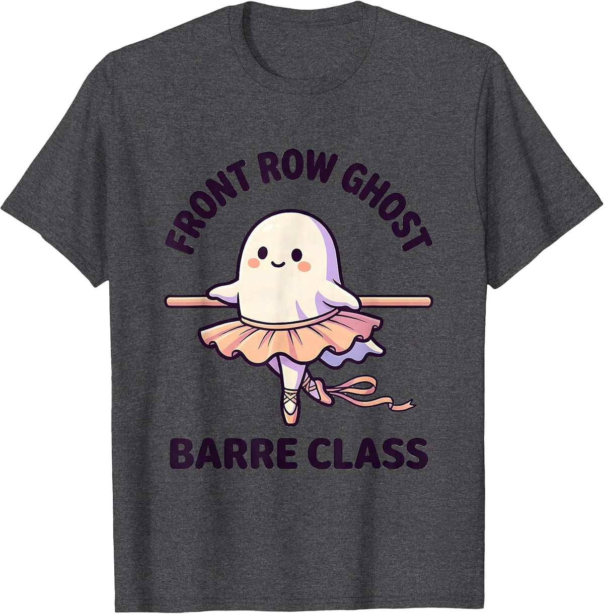 Front Row Ghost Barre Class Cute Kawaii Halloween Ballet T-Shirt - Dark Heather Grey