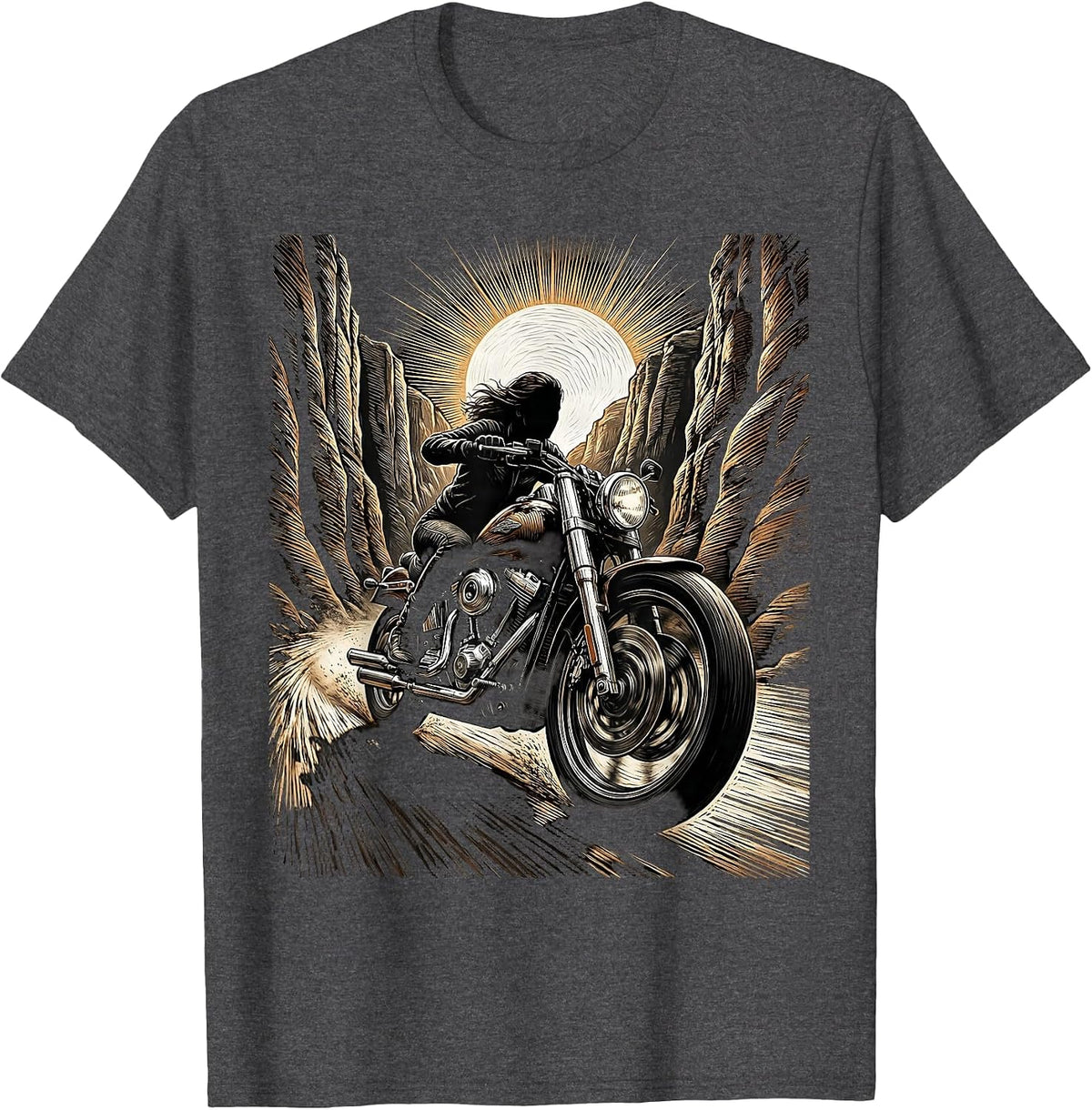 Motorcycle Canyon Sunset Rider Graphic Tee T-Shirt - Dark Heather Grey