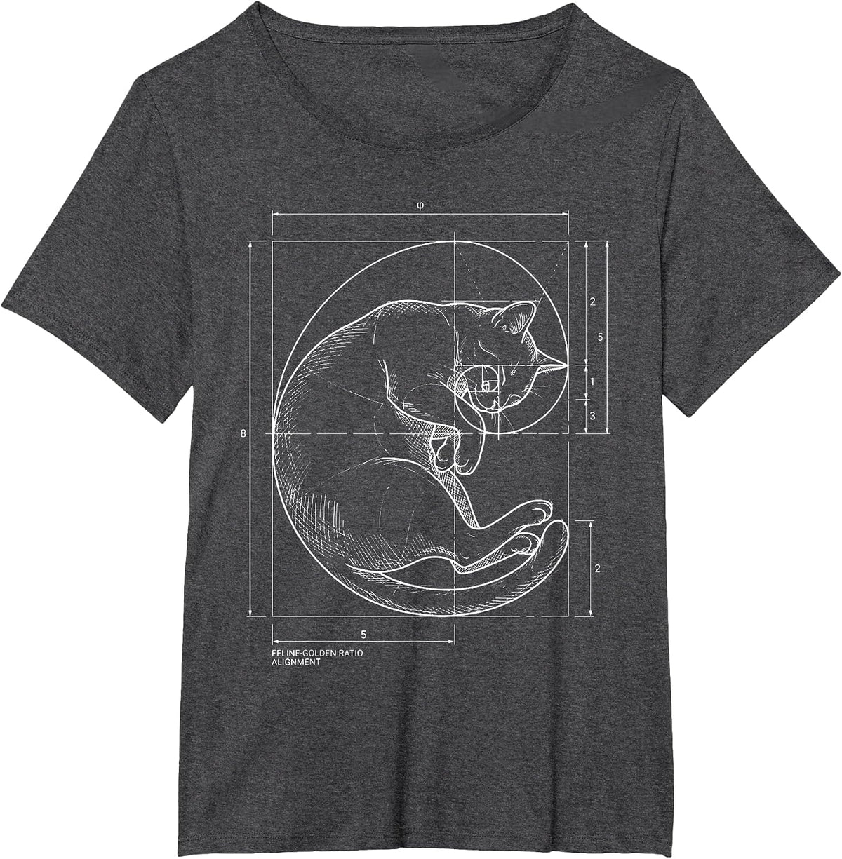Fibonacci Spiral Cat Blueprint Sacred Geometry Math Teacher T-Shirt - Dark Heather Grey