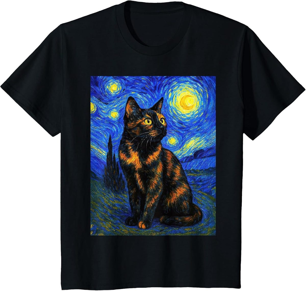 Tortoiseshell Cat Starry Night Van Gogh T-Shirt - Black