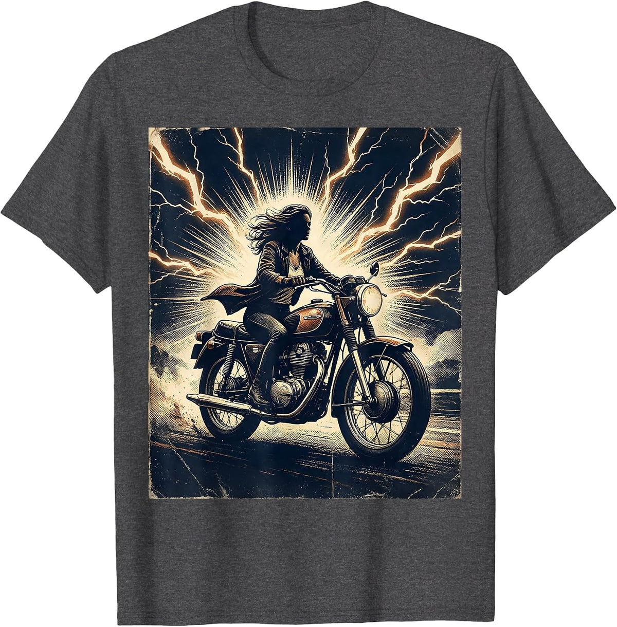 Woman Rider Storm Lightning Motorcycle Graphic T-Shirt - Dark Heather Grey
