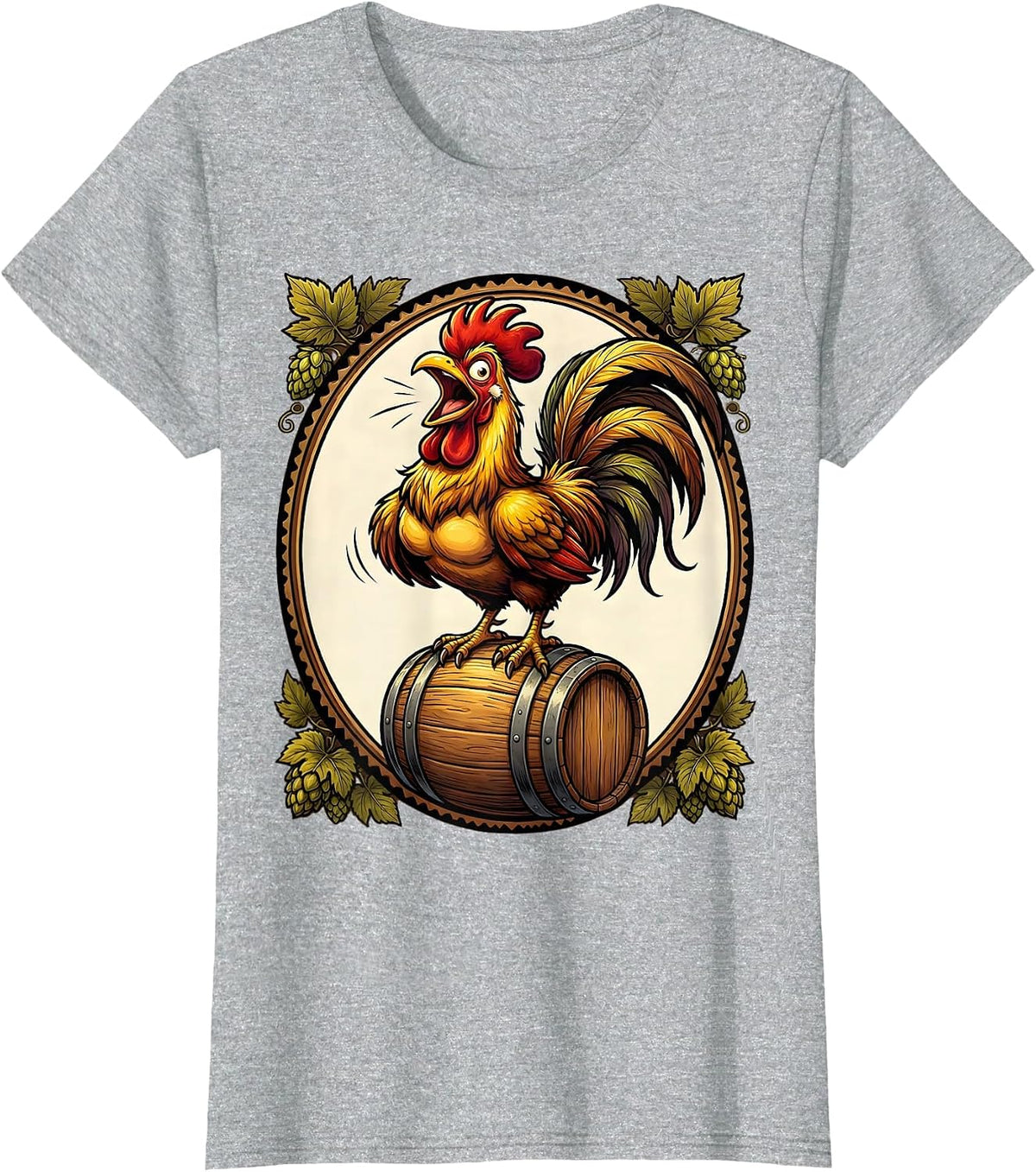 Women's Rooster on a Beer Keg Graphic Design T-Shirt - Heather Grey