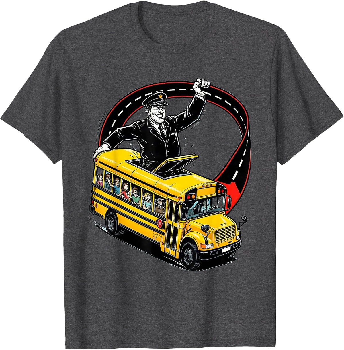 Oversized Cartoon Bus Driver Novelty School Bus Lover T-Shirt - Dark Heather Grey