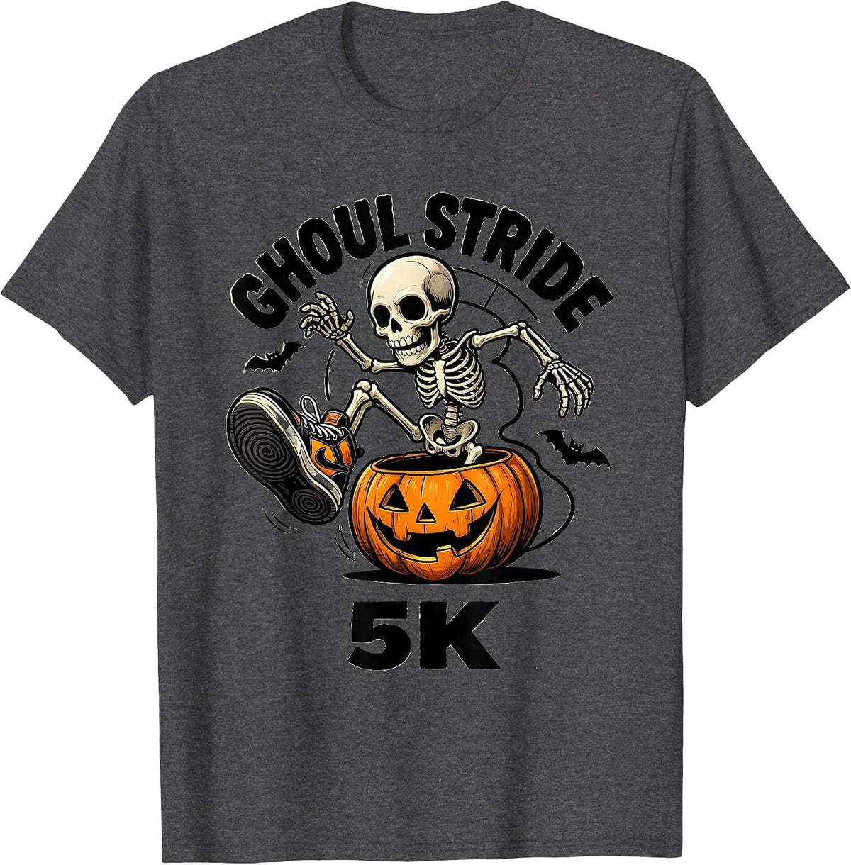 Ghoul Stride 5K Cartoon Skeleton Runner Halloween Fun Run T-Shirt - Dark Heather Grey